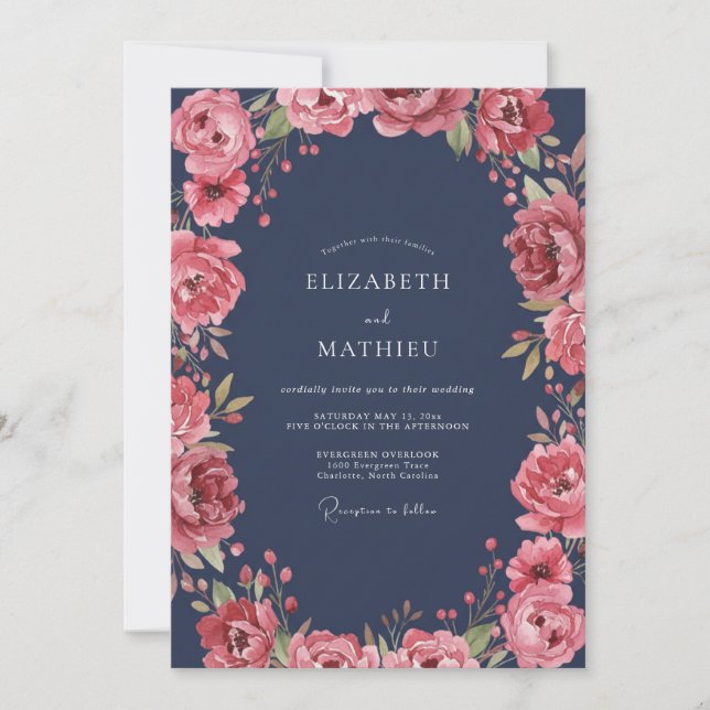 Midnight Soft Coral Petal Wedding Invitation (Front)
