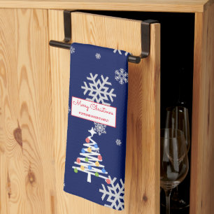 Midnight Sparkle Modern White Christmas Tree Kitchen Towel