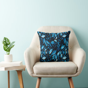 Midnight Stroll Blue Botanical on Black Throw Pillow