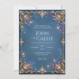 Midnight Teal Amethyst Filigree Frame Wedding Invitation