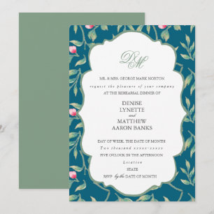 Midnight Teal and Basil Green Rehearsal Dinner Invitation