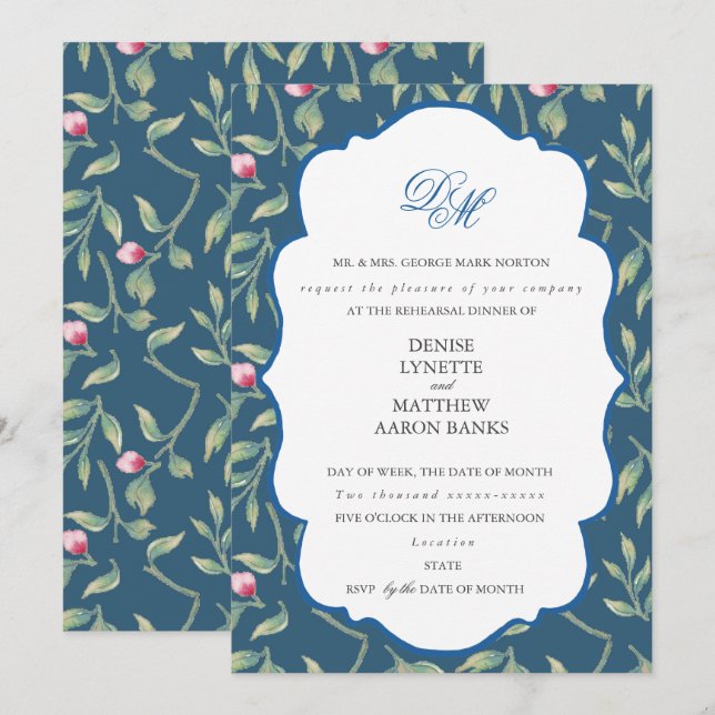 Midnight Teal Blue Rehearsal Dinner Invitation (Front/Back)