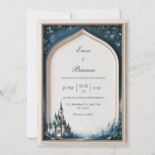 Midnight Teal Castle Gothic Arch Wedding Invitation