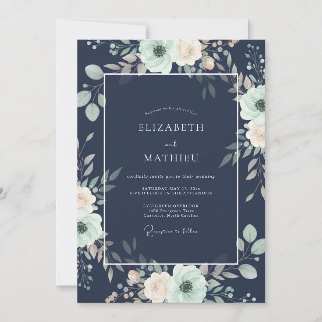 Midnight Teal Eucalyptus Wedding Invitation (Front)