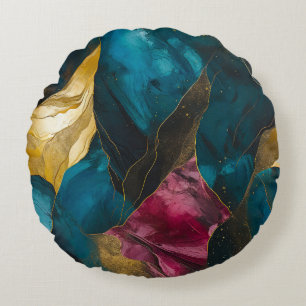 Midnight Teal & Gold Marble Fusion Round Pillow