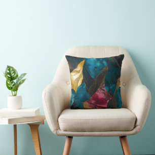Midnight Teal & Gold Marble Fusion Throw Pillow