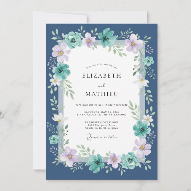Midnight Teal Lilac Painted Wedding Invitation (Front)