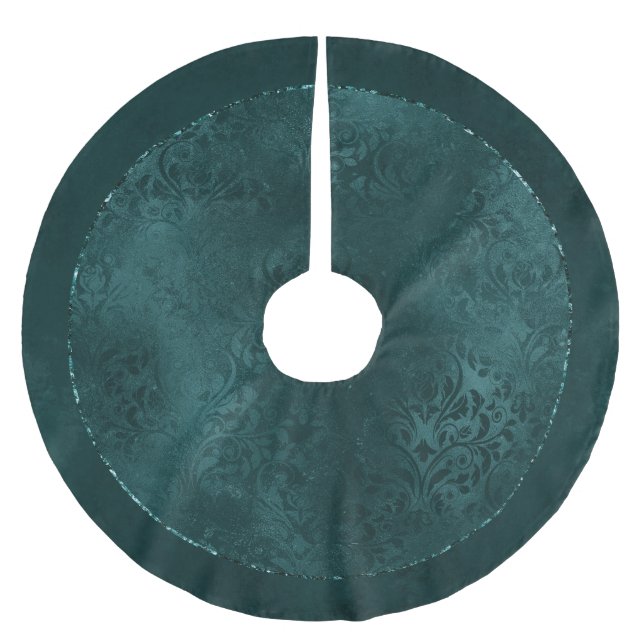 Midnight Teal Romance | Dark Satiny Grunge Damask Brushed Polyester Tree Skirt (Front)