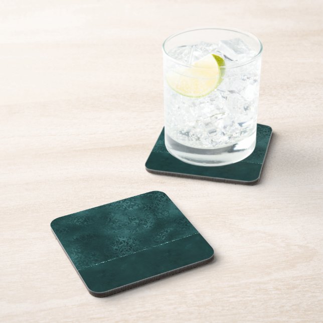 Midnight Teal Romance | Dark Satiny Grunge Damask Coaster (Right Side)