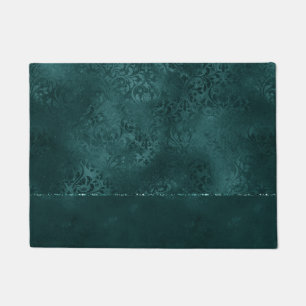 Midnight Teal Romance Dark Satiny Grunge Damask Doormat