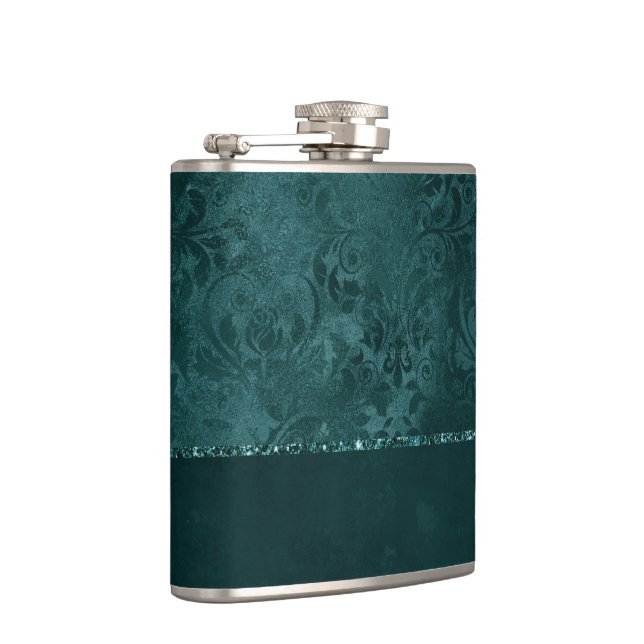 Midnight Teal Romance | Dark Satiny Grunge Damask Hip Flask (Right)