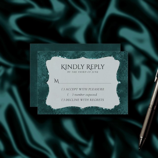 Midnight Teal Romance | Dark Satiny Grunge Damask RSVP Card (Creator Uploaded)