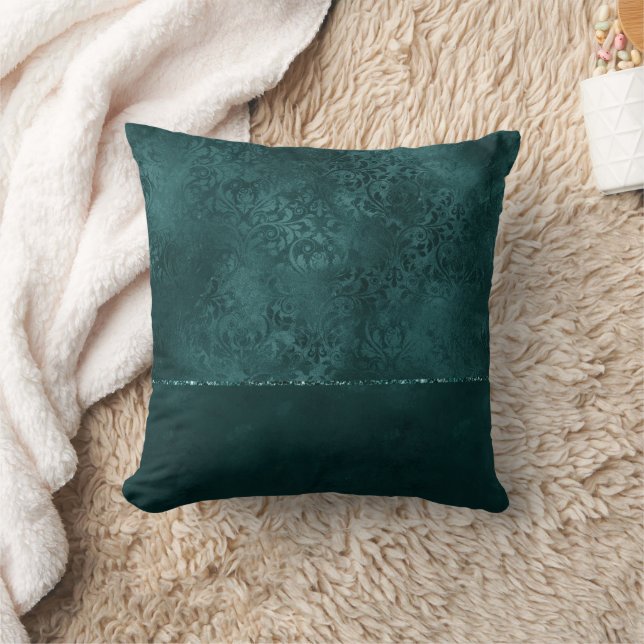 Midnight Teal Romance | Dark Satiny Grunge Damask Throw Pillow (Blanket)