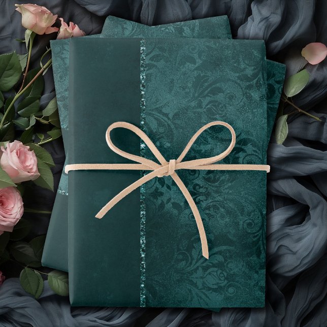 Midnight Teal Romance | Dark Satiny Grunge Damask Wrapping Paper Sheet (Creator Uploaded)