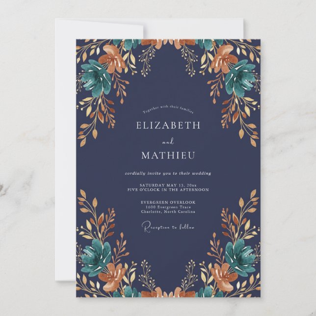 Midnight Terracotta Petal Wedding Invitation (Front)