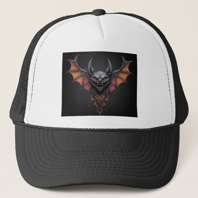 "Midnight Terror: Ink Drawing of a Scary Bat" Trucker Hat (Front)