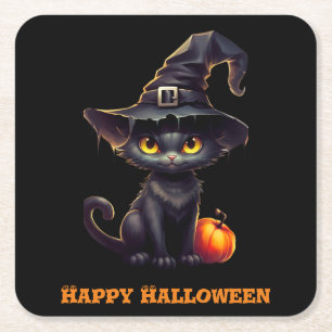Midnight The Witchy Black Cat Halloween Square Paper Coaster