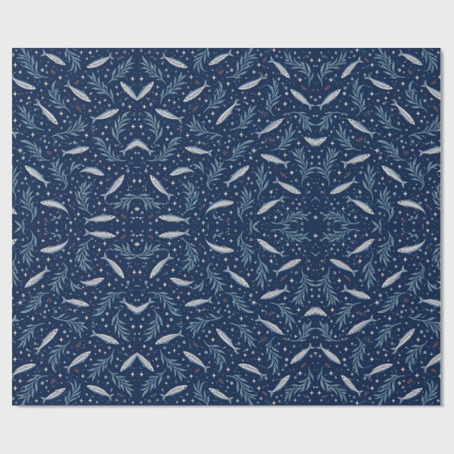 Midnight Tide Fish and Seaweed Wrapping Paper (Flat)