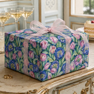 Midnight Tulip Garden Floral Pink and Blue Wrapping Paper