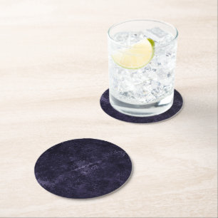 Midnight Velvet Damask   Indigo Purple Grunge Glam Round Paper Coaster