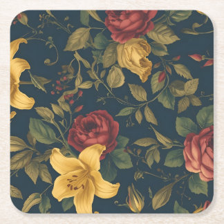 Midnight Victorian Floral – Yellow Lilies & Roses  Square Paper Coaster
