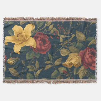 Midnight Victorian Floral – Yellow Lilies & Roses  Throw Blanket