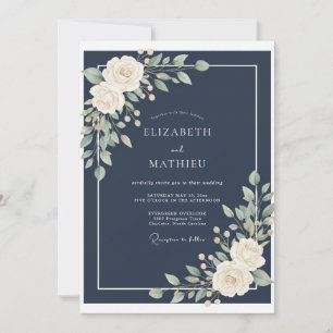 Midnight Warm White Blossom Wedding Invitation