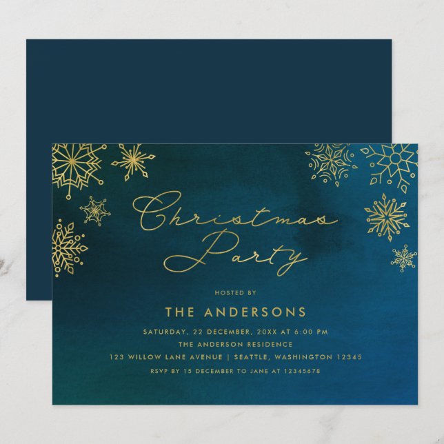 Midnight Watercolor Gold Snowflake Christmas Party Invitation (Front/Back)