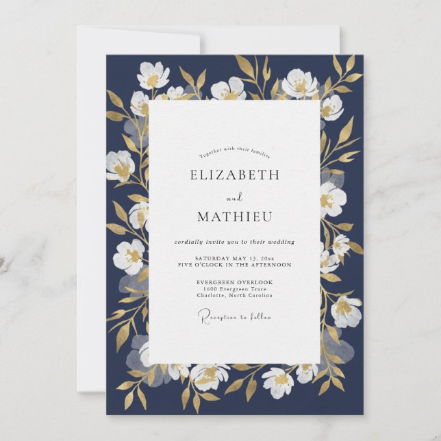 Midnight White Blossom Wedding Invitation (Front)