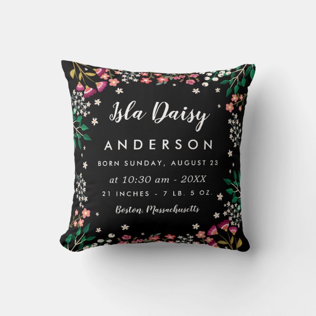 Midnight Wildflowers - Birth Stats Nursery Throw Pillow (Front)