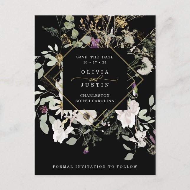 Midnight Wildflowers | Geometric Save the Date Announcement Postcard (Front)