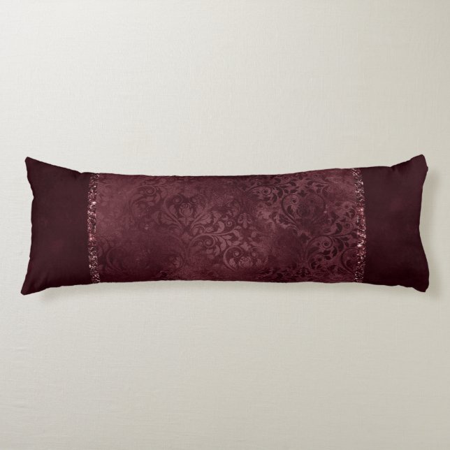 Midnight Wine Romance | Dark Satiny Grunge Damask Body Pillow (Front)