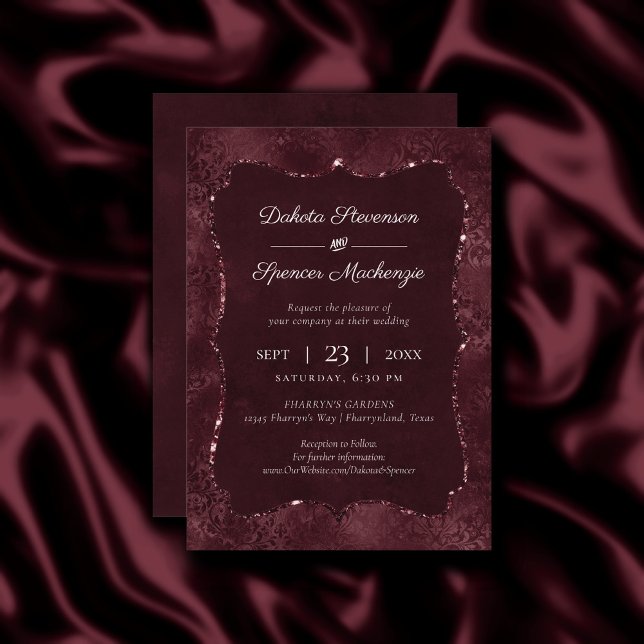Midnight Wine Romance | Dark Satiny Grunge Damask Invitation (Creator Uploaded)
