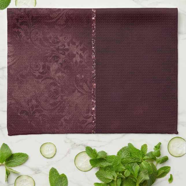 Midnight Wine Romance | Dark Satiny Grunge Damask Kitchen Towel (Folded)