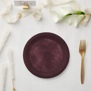 Midnight Wine Romance   Dark Satiny Grunge Damask Paper Plate