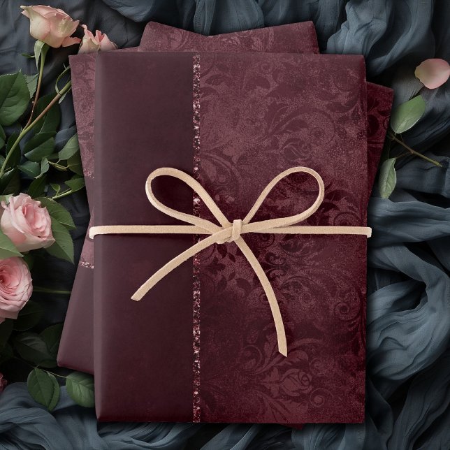 Midnight Wine Romance | Dark Satiny Grunge Damask Wrapping Paper Sheet (Creator Uploaded)