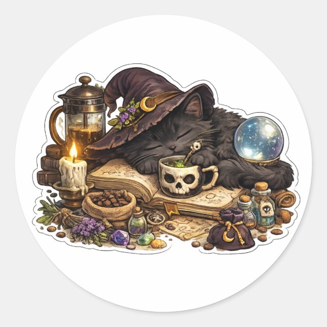 Midnight Witch Cat Crystal Ball Sticker (Front)