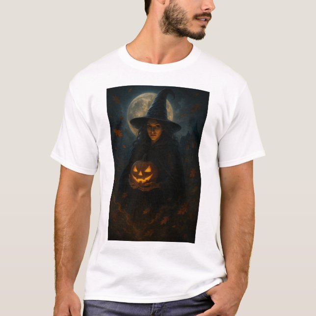 Midnight Witch & Pumpkin Glow – Cinematic Hallowee T-Shirt (Front)