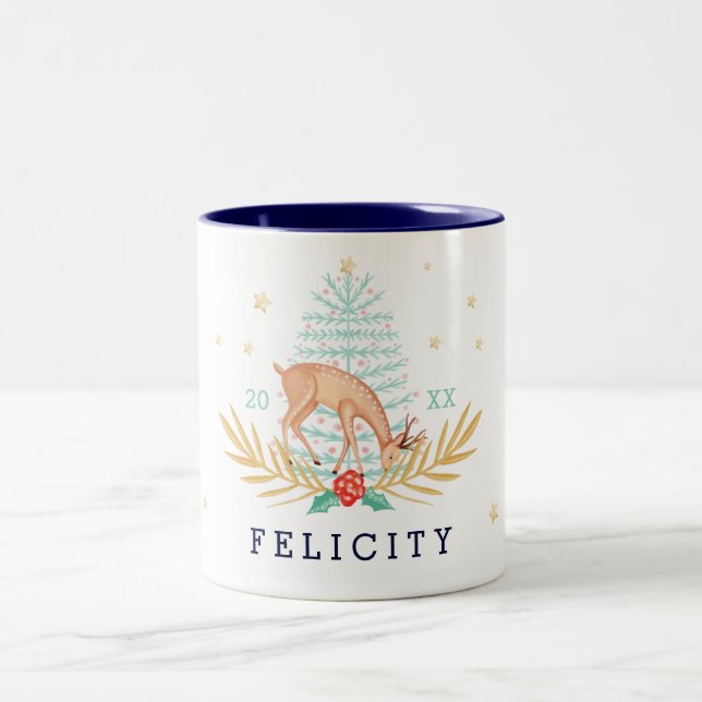 Midnight Woodland Forest Reindeer & Christmas Tree Two-Tone Coffee Mug (Center)