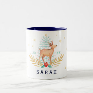 Midnight Woodland Forest Reindeer & Christmas Tree Two-Tone Coffee Mug