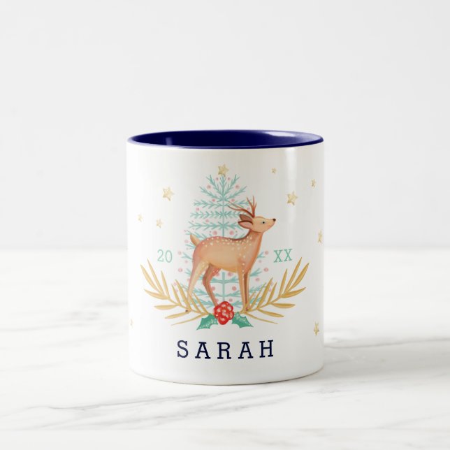 Midnight Woodland Forest Reindeer & Christmas Tree Two-Tone Coffee Mug (Center)