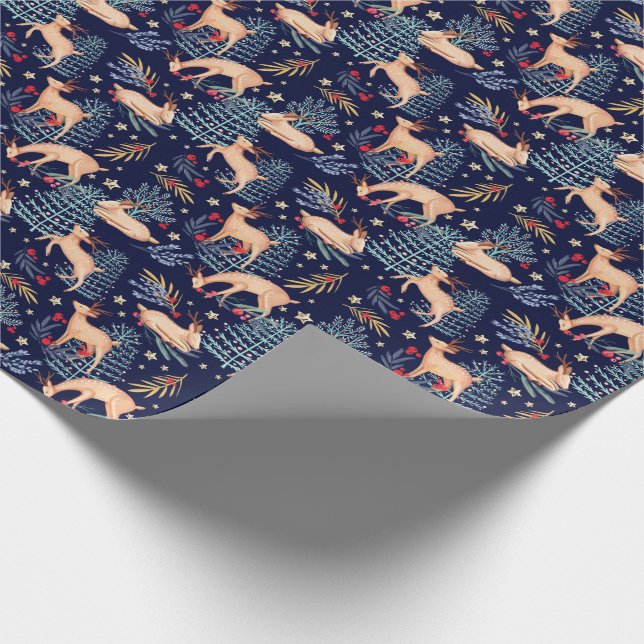 Midnight Woodland Forest Reindeer & Christmas Tree Wrapping Paper (Corner)