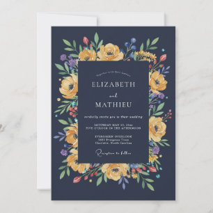 Midnight Yellow Ranunculus Eucalyptus Wedding Invitation