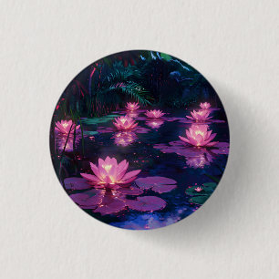 Midnight Zen Nature Pink Lotus Pond 1 Inch Round Button