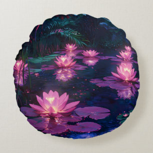 Midnight Zen Nature Pink Lotus Pond Round Pillow
