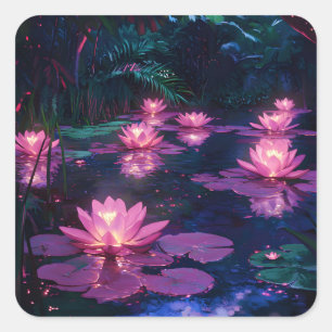 Midnight Zen Nature Pink Lotus Pond Square Sticker