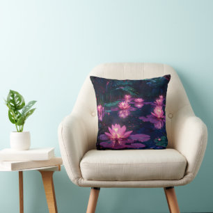 Midnight Zen Nature Pink Lotus Pond Throw Pillow