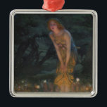 Midsummer Eve (by Edward Robert Hughes) Metal Ornament<br><div class="desc">This design features a painting by the British artist Edward Robert Hughes (1851–1914). It shows a beautiful young woman in a mystical forest landscape. She is wearing an elegant golden dress and she has flowers under her arm and woven into her hair. The woman is slightly bending and she has...</div>