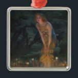 Midsummer Eve (by Edward Robert Hughes) Metal Ornament<br><div class="desc">This design features a painting by the British artist Edward Robert Hughes (1851–1914). It shows a beautiful young woman in a mystical forest landscape. She is wearing an elegant golden dress and she has flowers under her arm and woven into her hair. The woman is slightly bending and she has...</div>