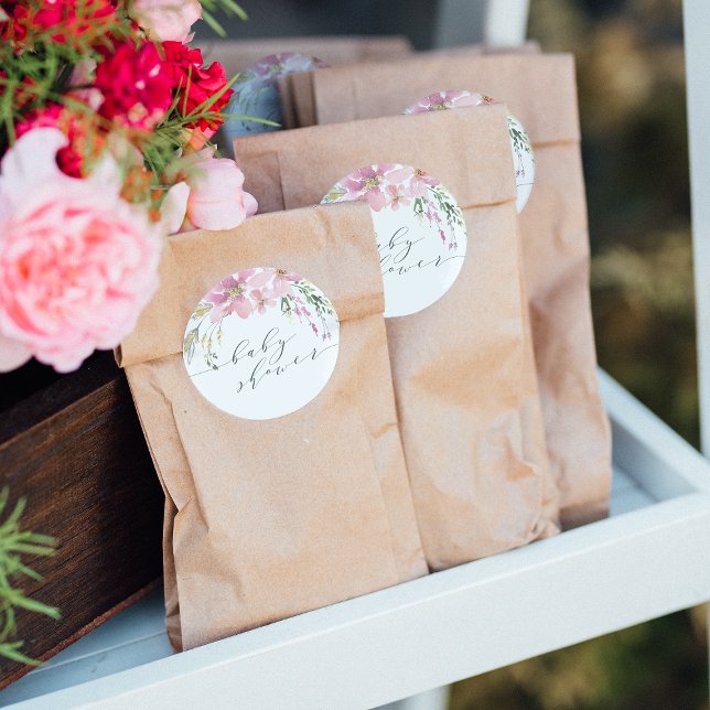 Midsummer Floral Elegant Calligraphy Baby Shower Classic Round Sticker (Sticker Mock-up)